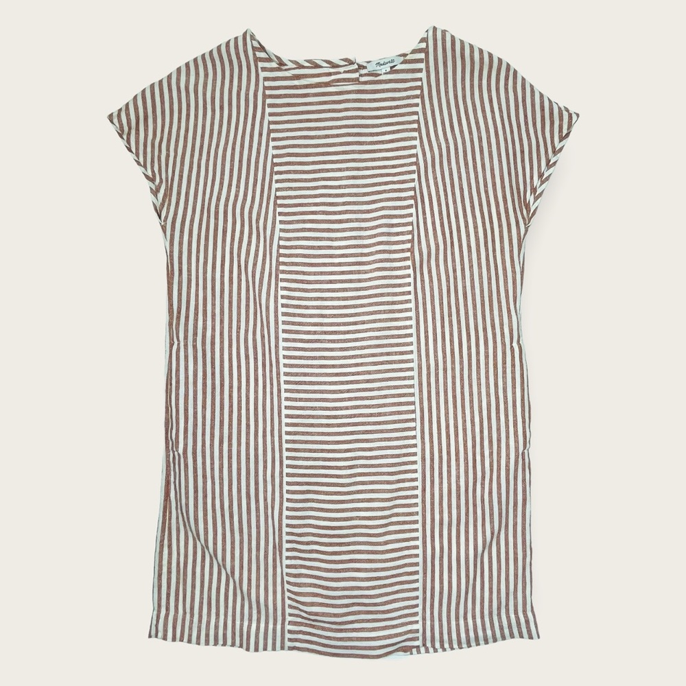 Madewell Brown & Cream Stripe-Play Button-Back Linen Shift Dress Size Small